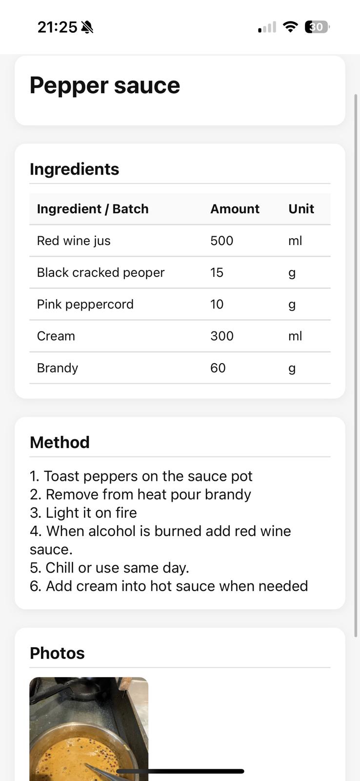 Recipe view on tablet
